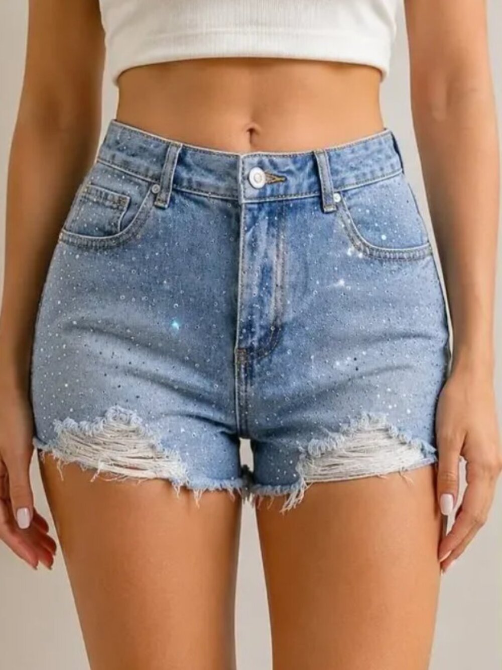 Cali 1850 Rhinestone Denim Shorts Distressed High Rise Y2K Festival Glam Size 3